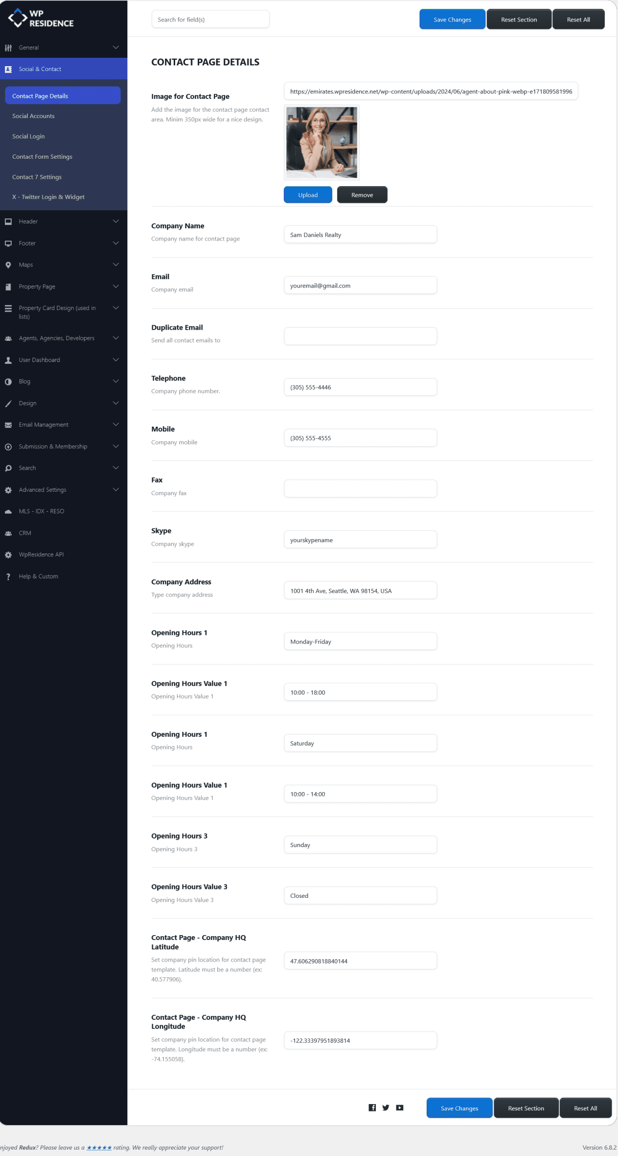 Theme options - Social & Contact - WP Residence Help