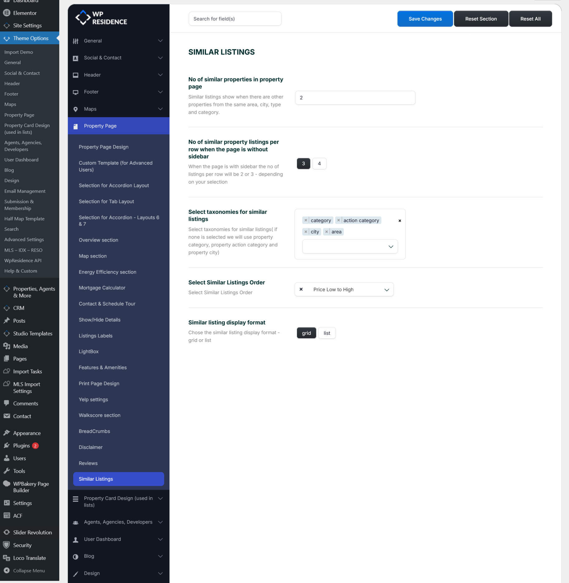 WPResidence Similar Listings settings