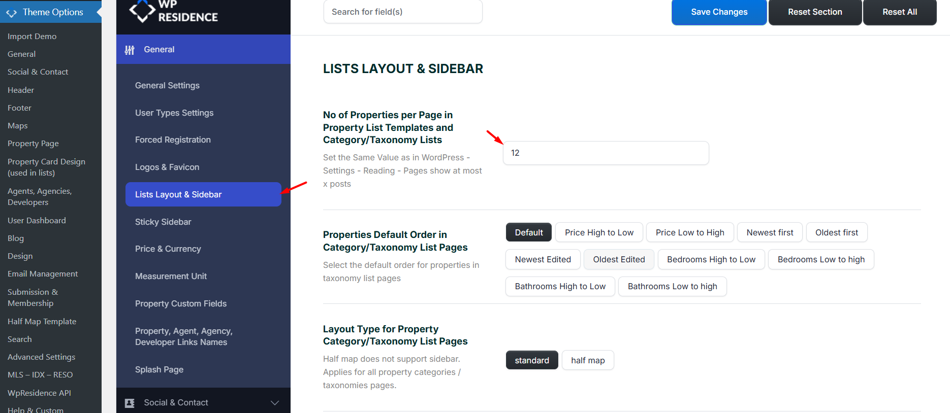 WPResidence number of properties per page setting