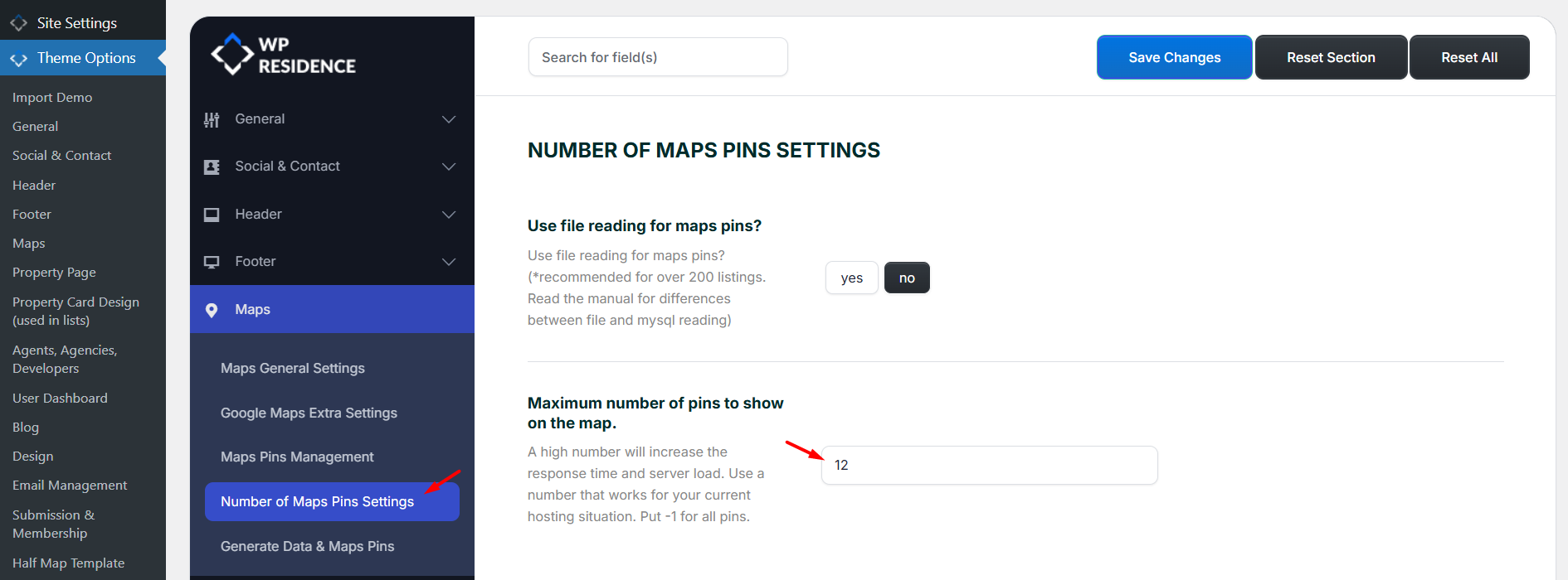 WPResidence map pin management settings