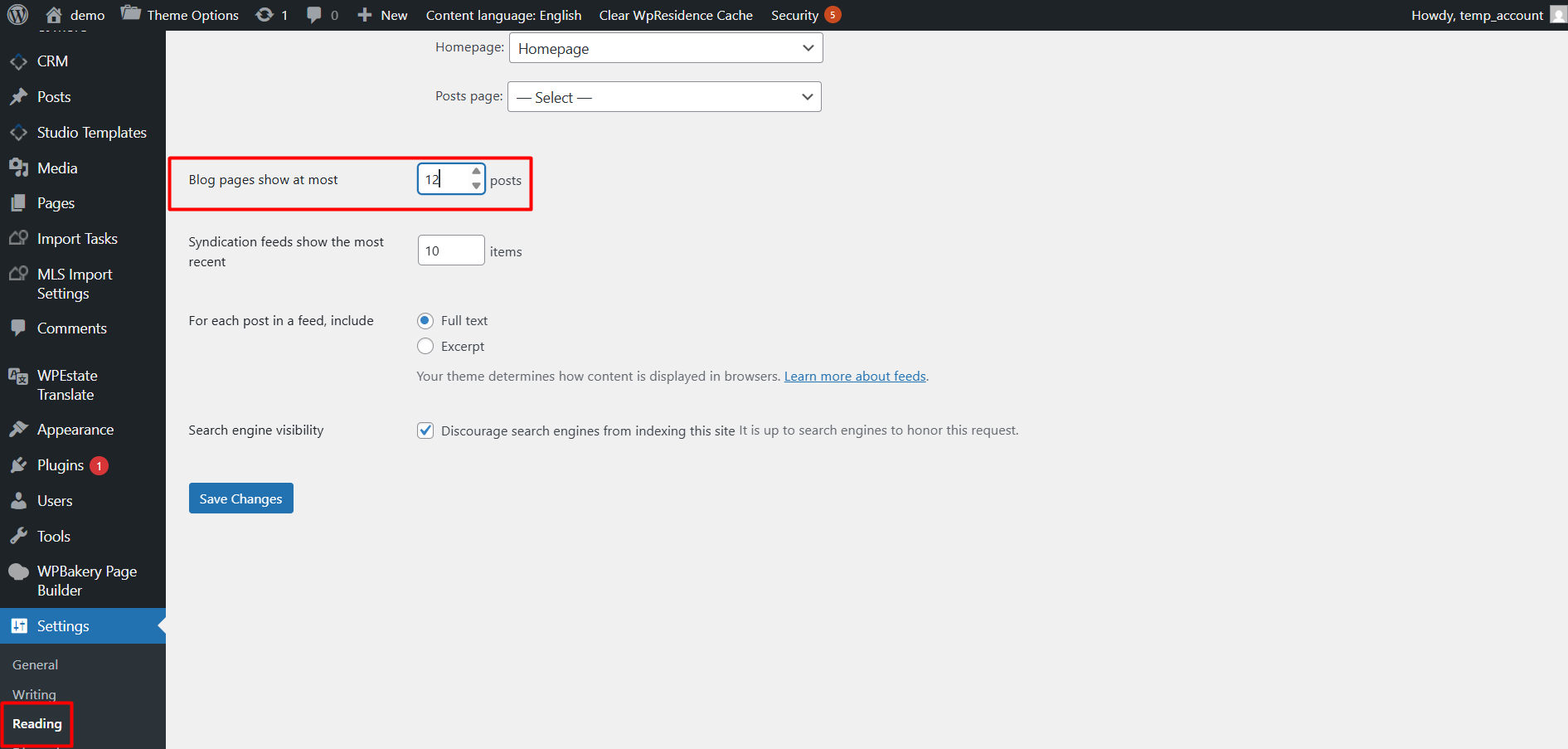 WordPress reading setting blog pages show at most