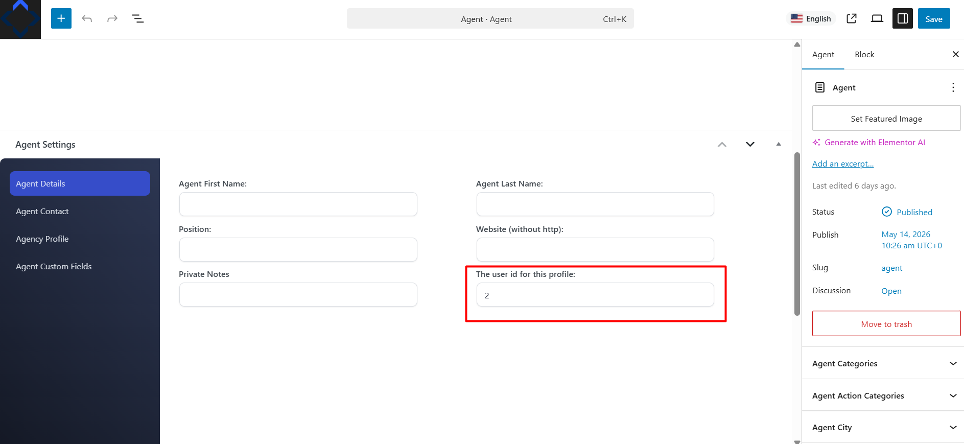 Add WordPress user ID in Agent profile