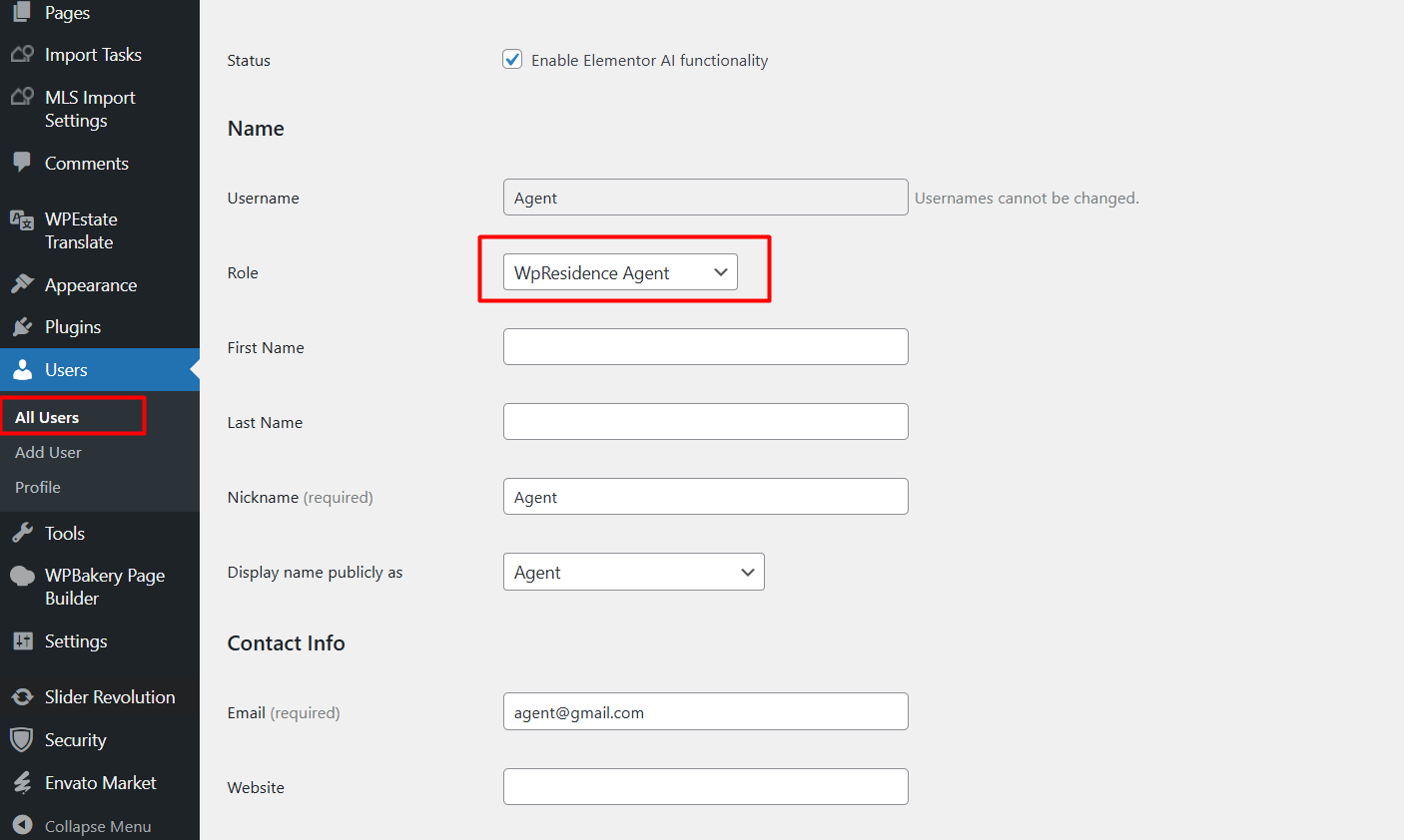 Create WordPress user account for WPResidence agent