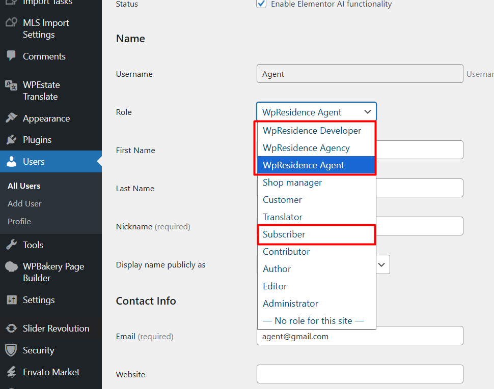 WPResidence user roles for Agent Agency Developer and Subscriber