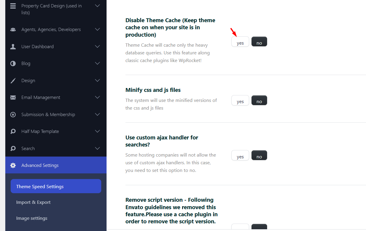 Disable Theme Cache option in Theme Options Advanced Site Speed