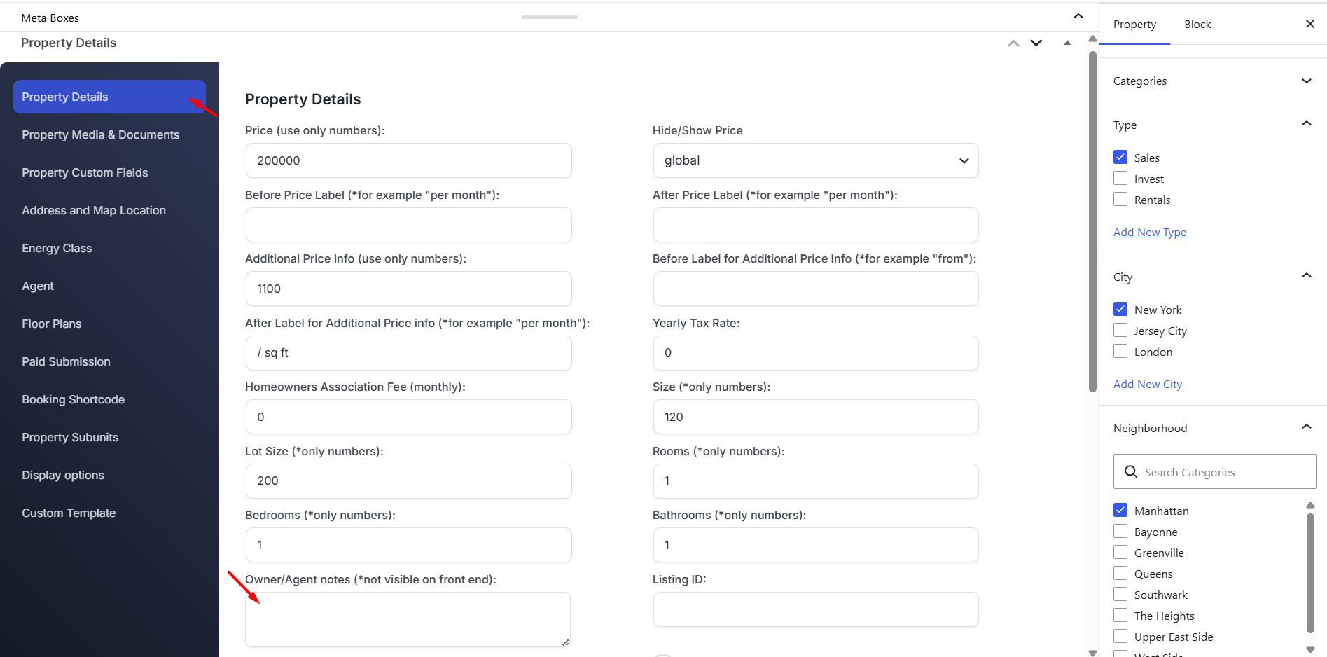Owner Agent notes field in WP Admin Property Details tab
