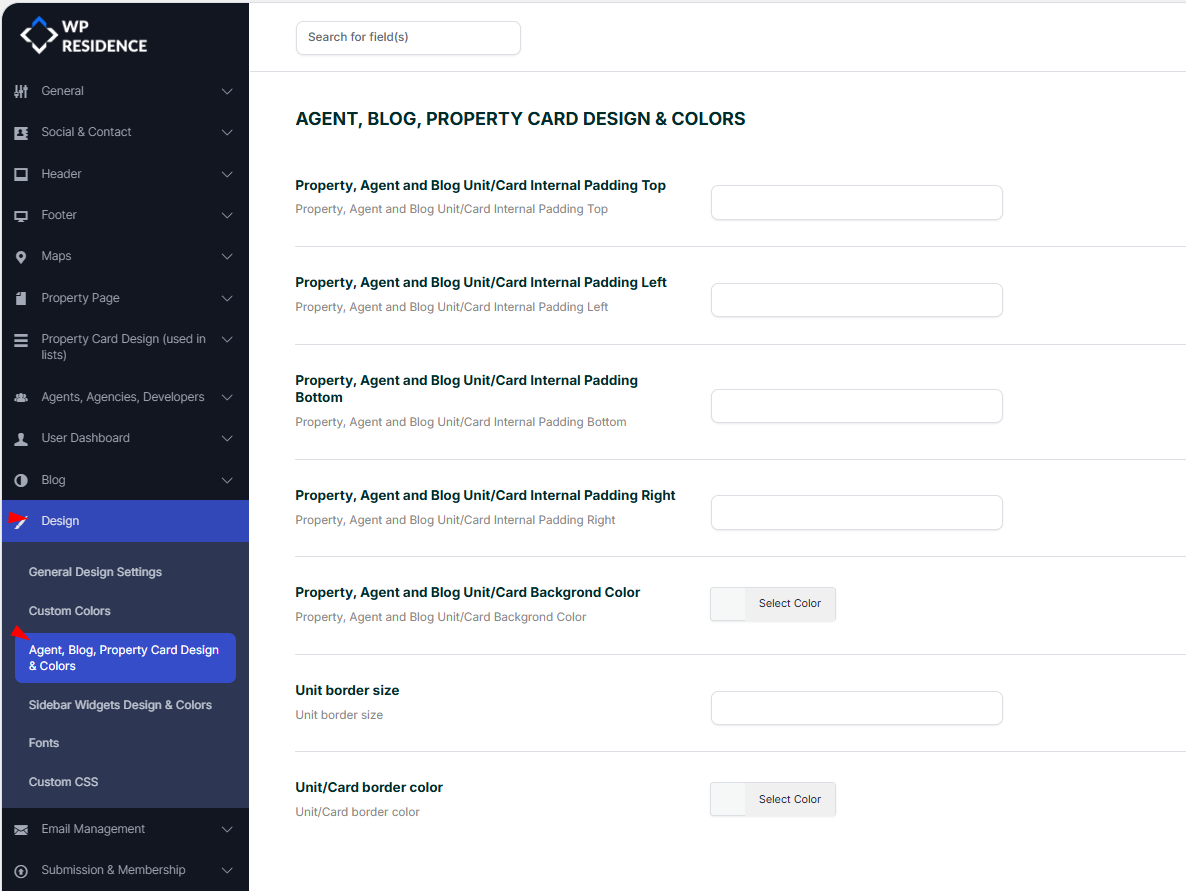 Property, agent, and blog card design settings