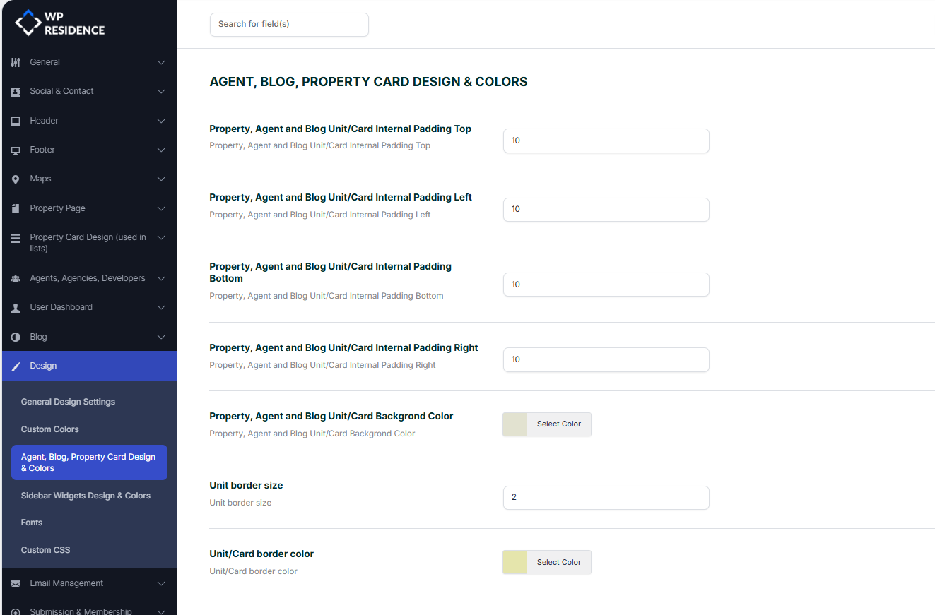 Example card design settings