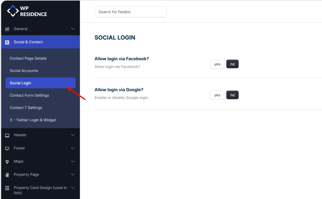 Theme options - Social & Contact - WP Residence Help