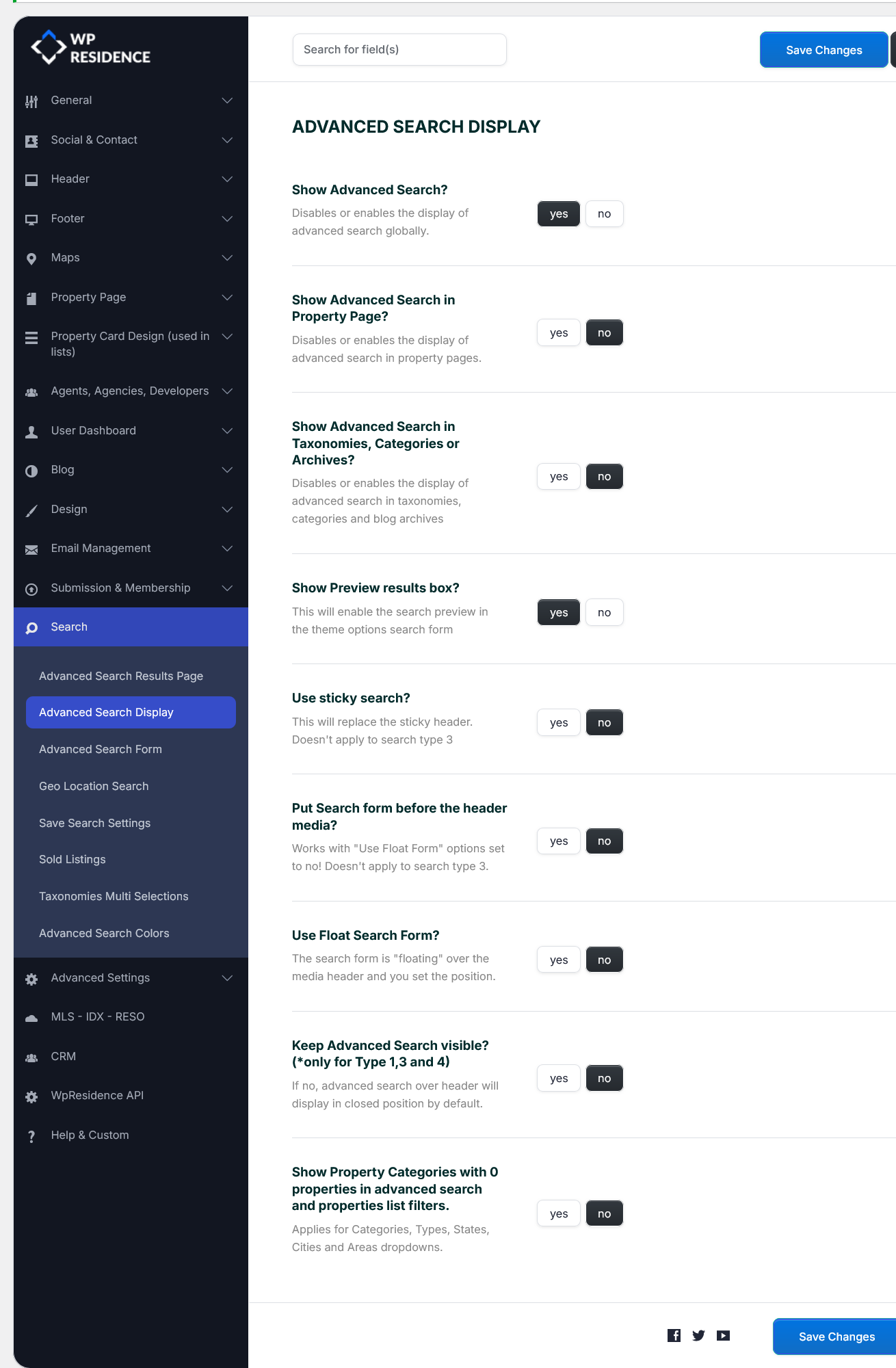 Advanced Search Display settings in Theme Options
