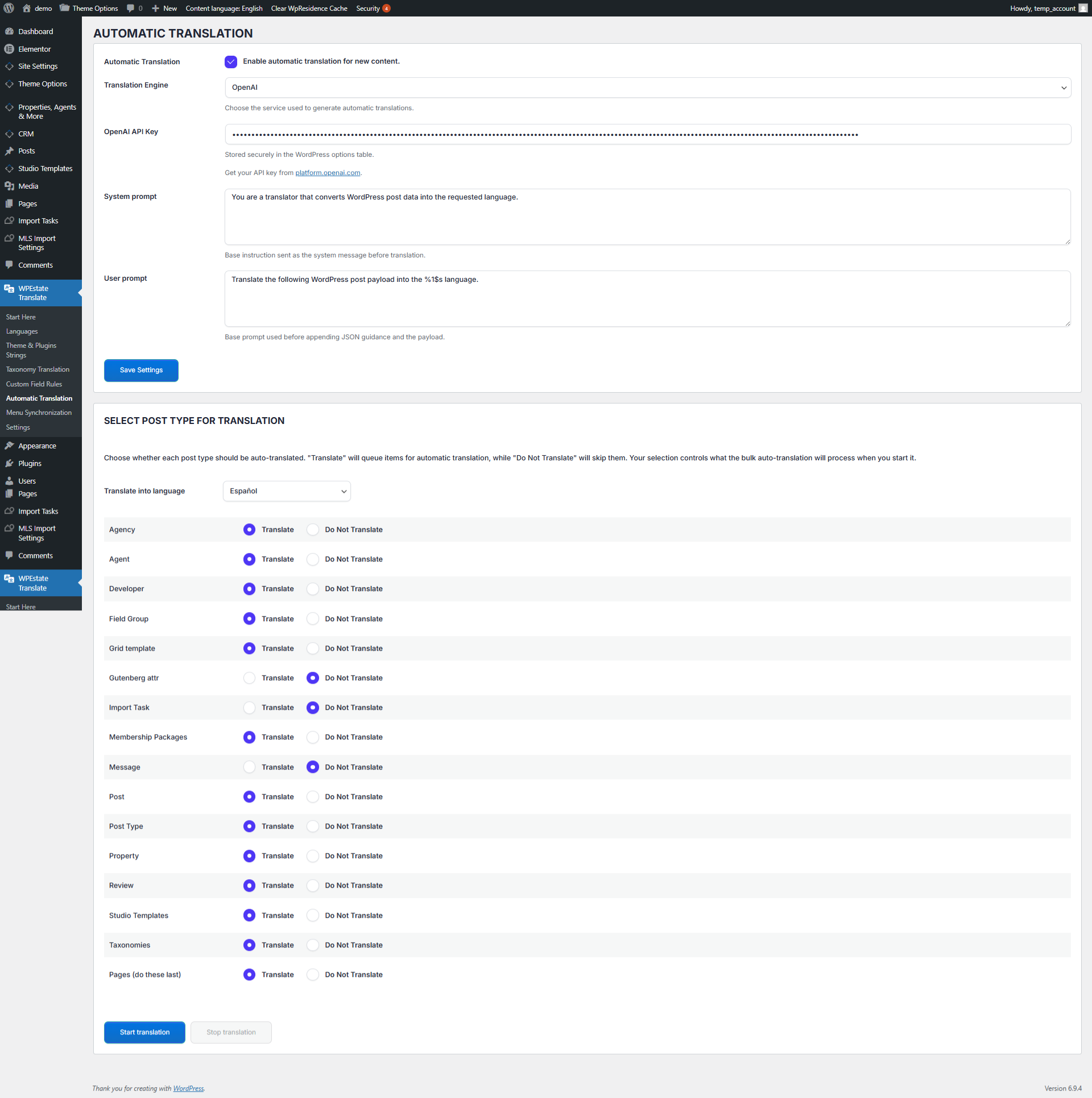 Automatic Translation with OpenAI in WPResidence Translate