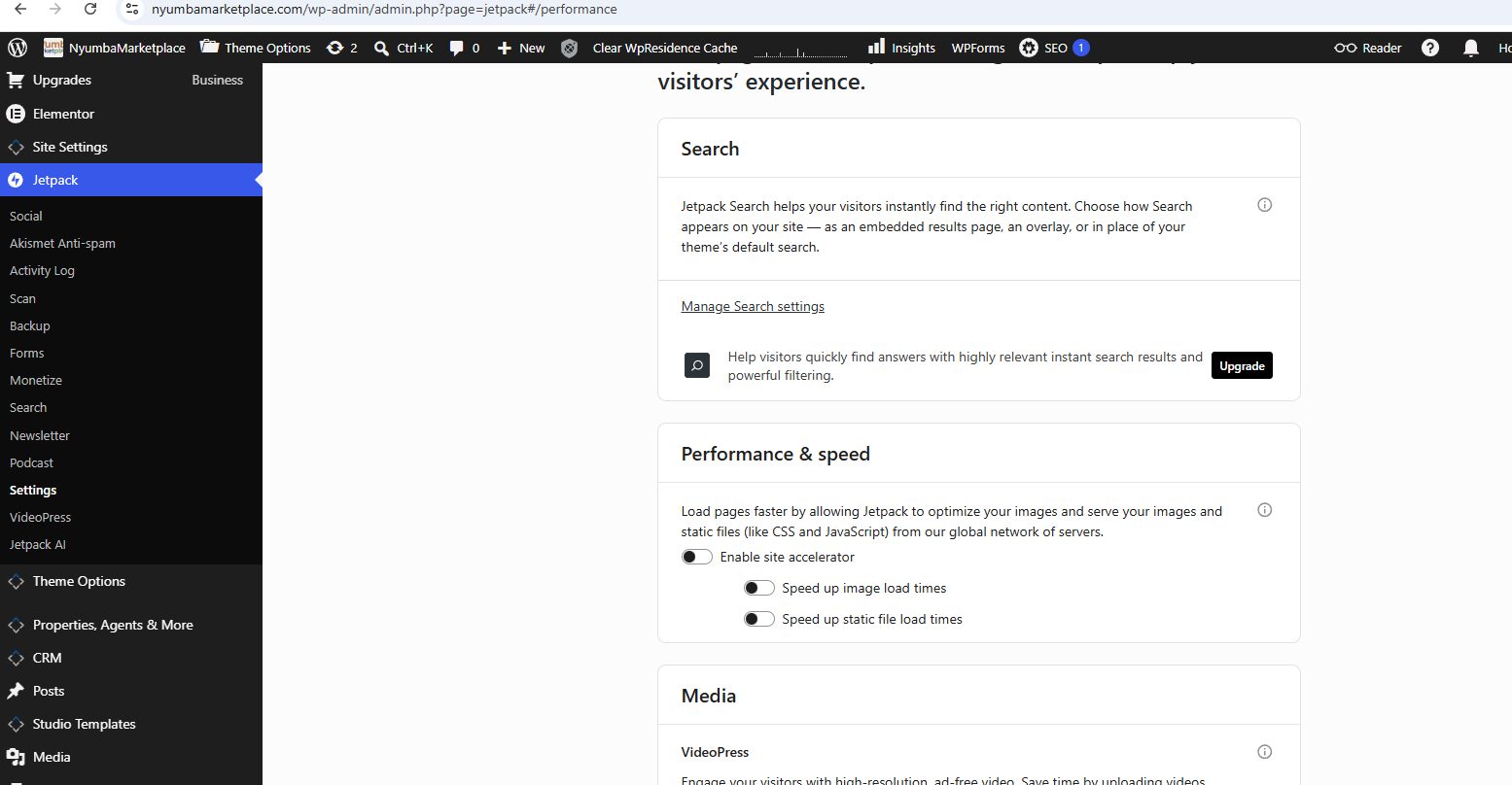 Jetpack Settings Performance tab with Enable site accelerator turned off