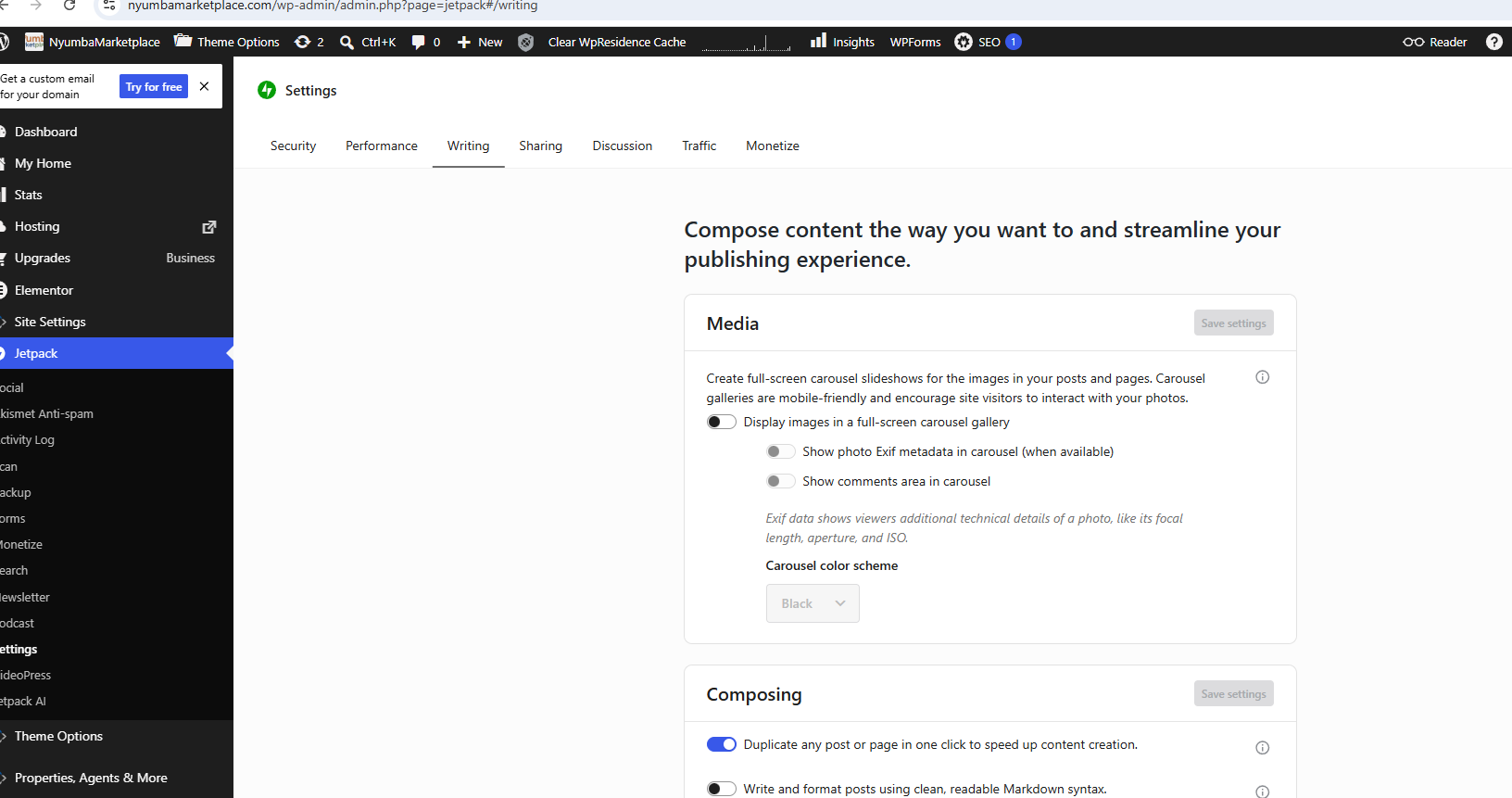 Jetpack Settings Writing tab with the carousel gallery options turned off