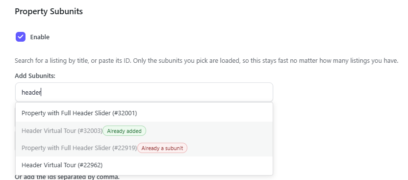 Subunit search results with Already added and Already a subunit badges