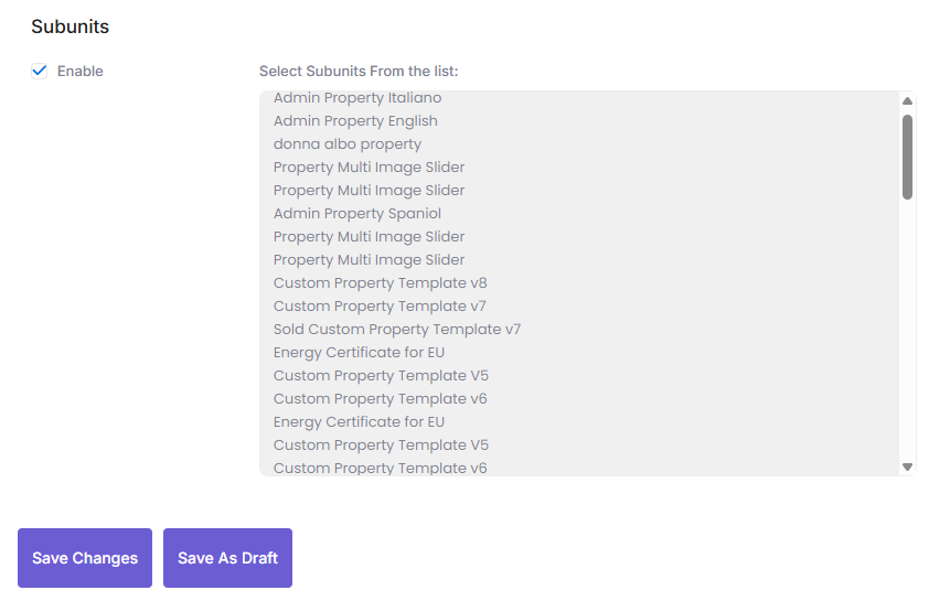 Subunits section on the front-end property submission form