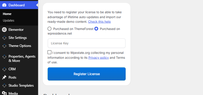 The WPResidence license panel on the WordPress Dashboard with Purchased on wpresidence.net selected, showing the single License Key field