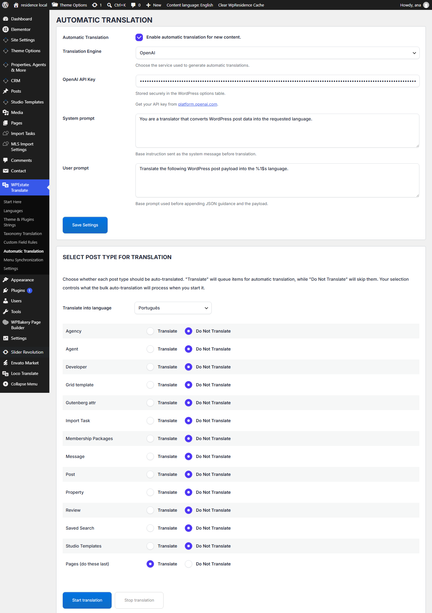 Automatic Translation settings and bulk translation in WPEstate Translate