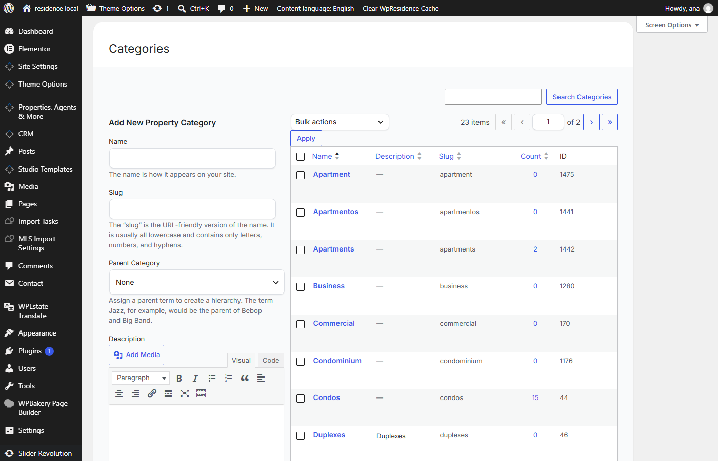 Property Categories list with the Language column