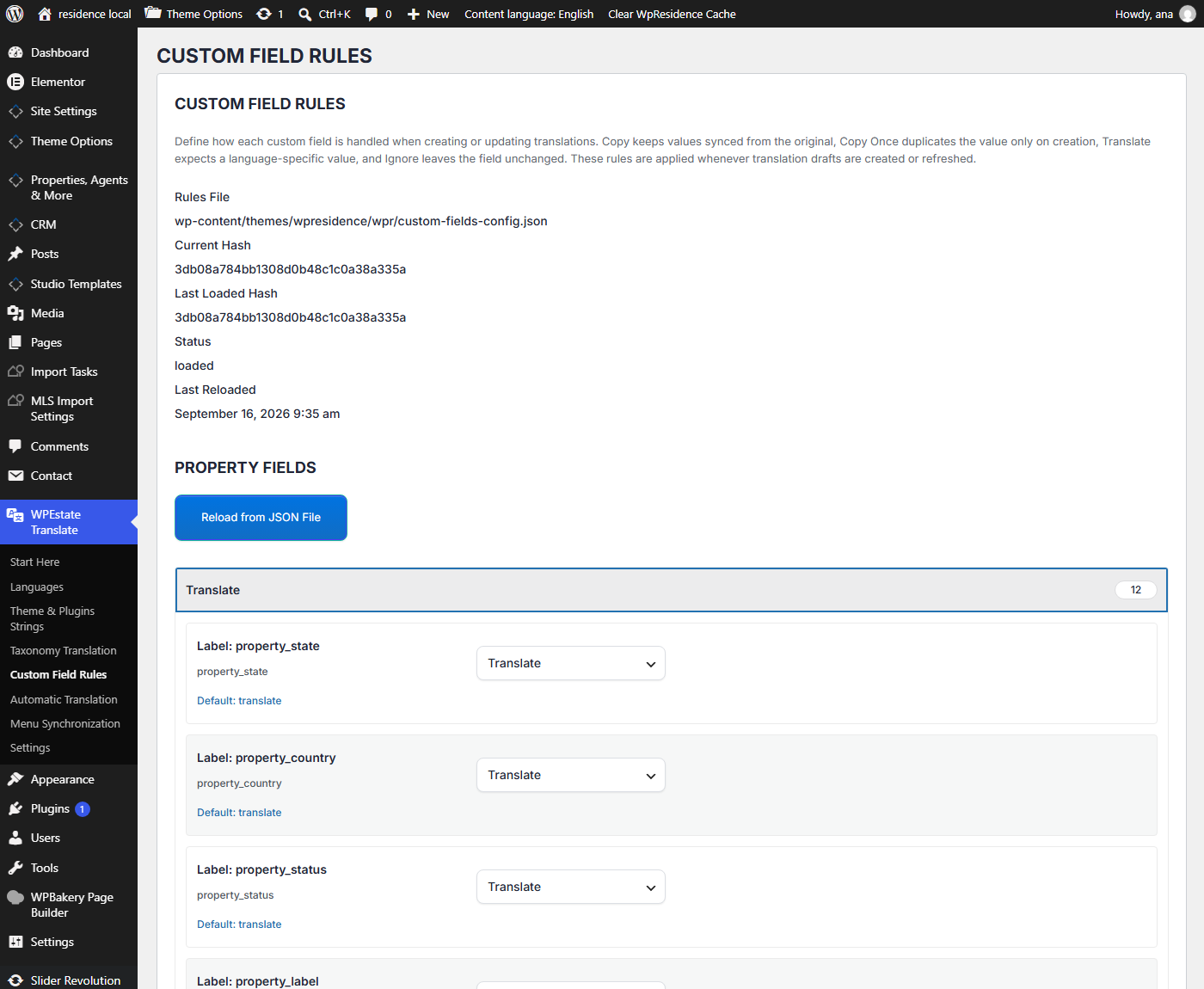 Custom Field Rules with the Property Fields Translate group open