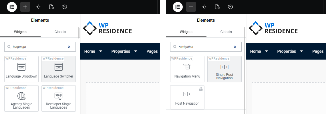 Language Switcher and Navigation Menu widgets in the Elementor panel