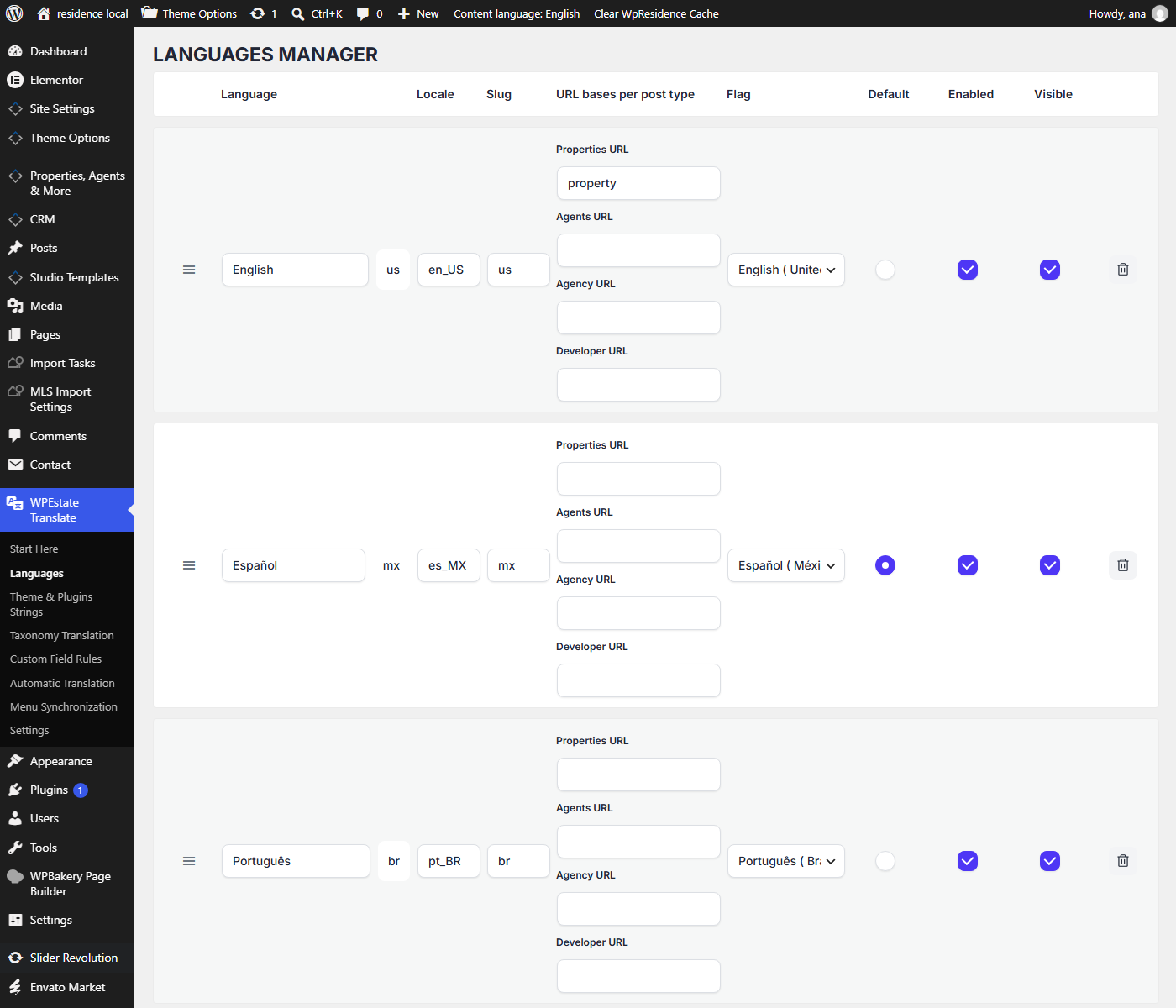 WPEstate Translate Languages Manager in WPResidence