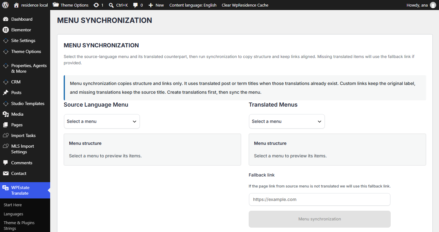 Menu Synchronization in WPEstate Translate