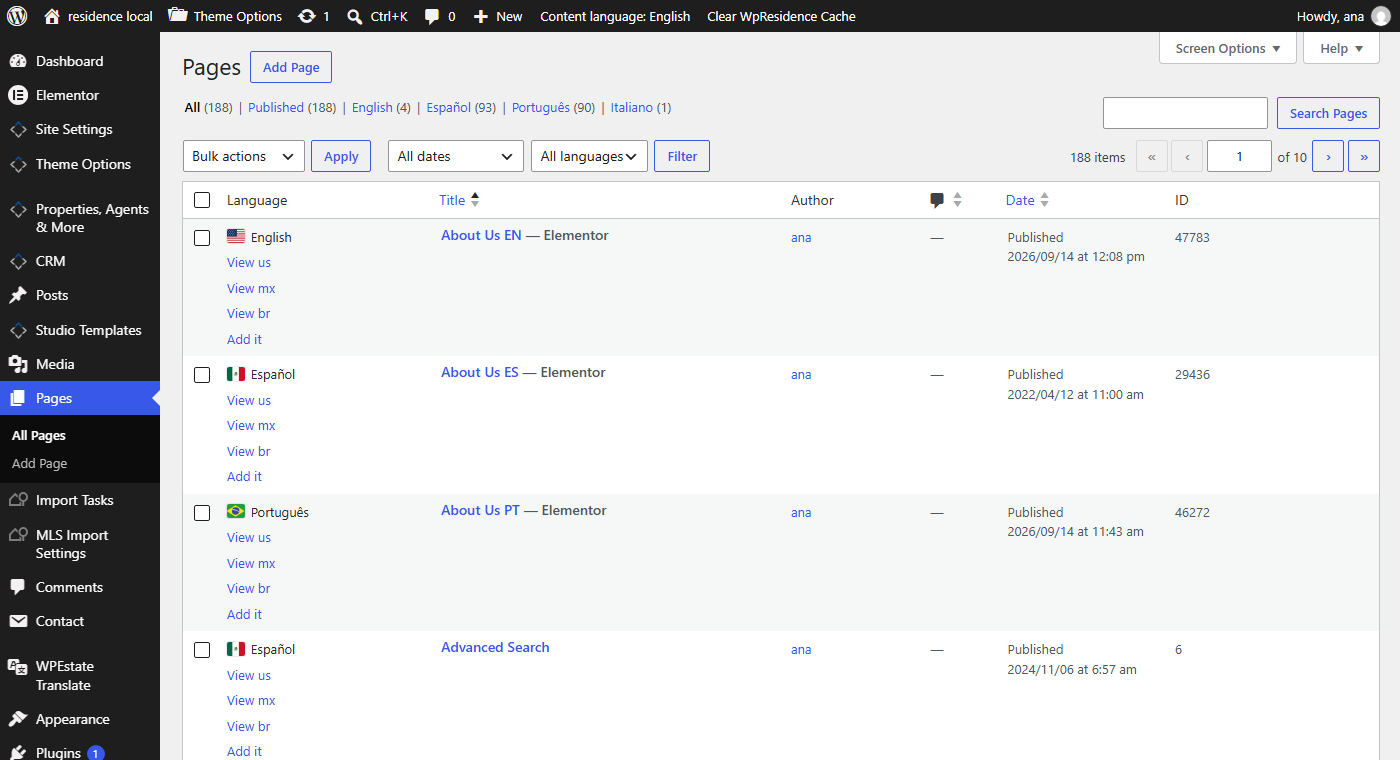 Pages list with the Language column in WPResidence