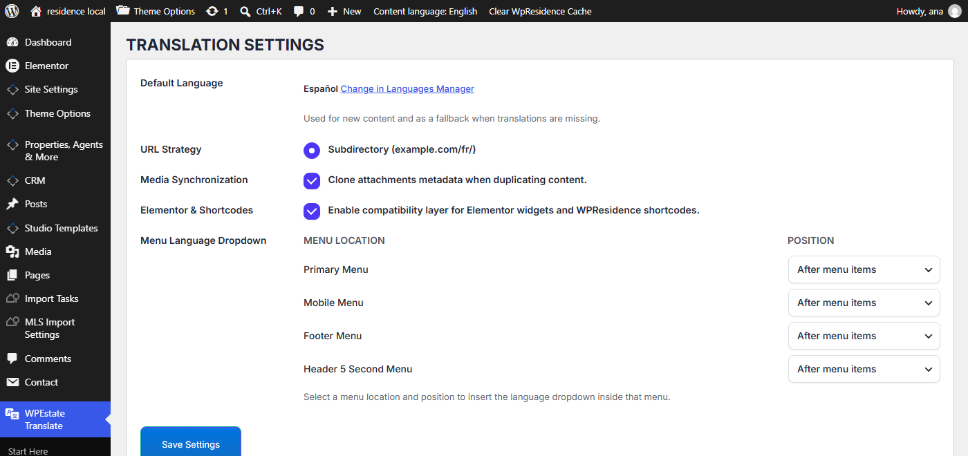 Menu Language Dropdown in WPEstate Translate Settings