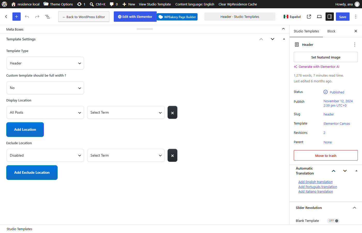 Studio header template with Edit with Elementor and the Add translation links