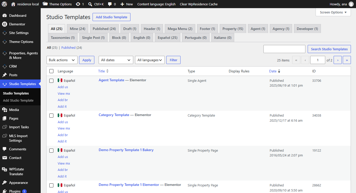 Studio Templates list with the Language column