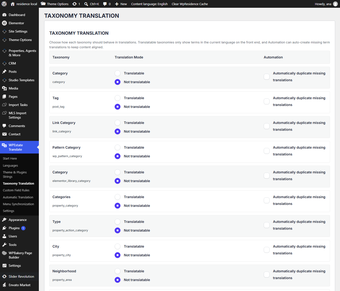 Taxonomy Translation settings for WPResidence