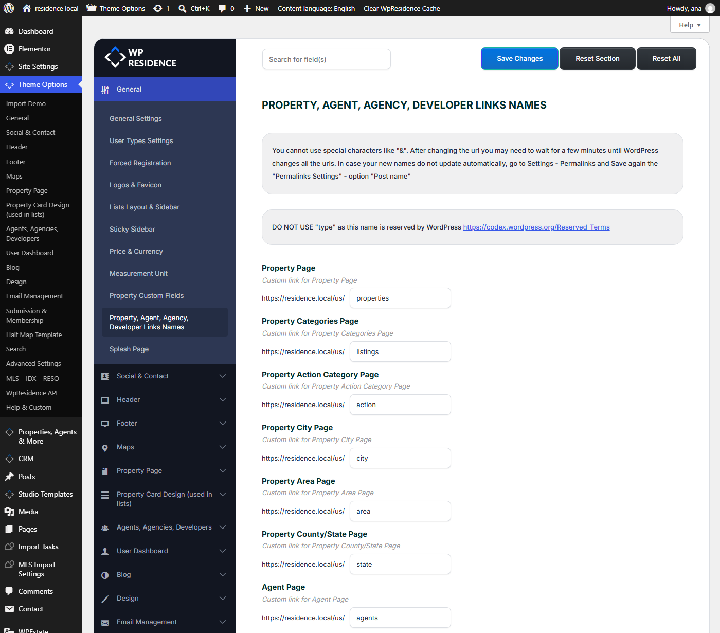 Property, Agent, Agency, Developer Links Names in Theme Options