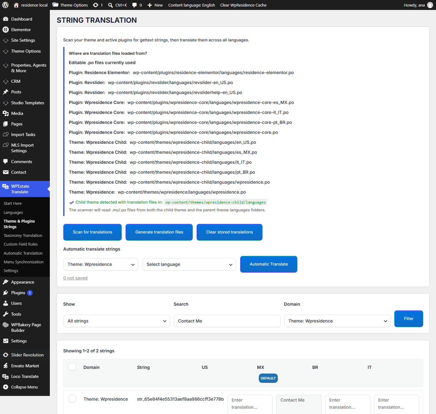 Theme and Plugins Strings screen in WPResidence